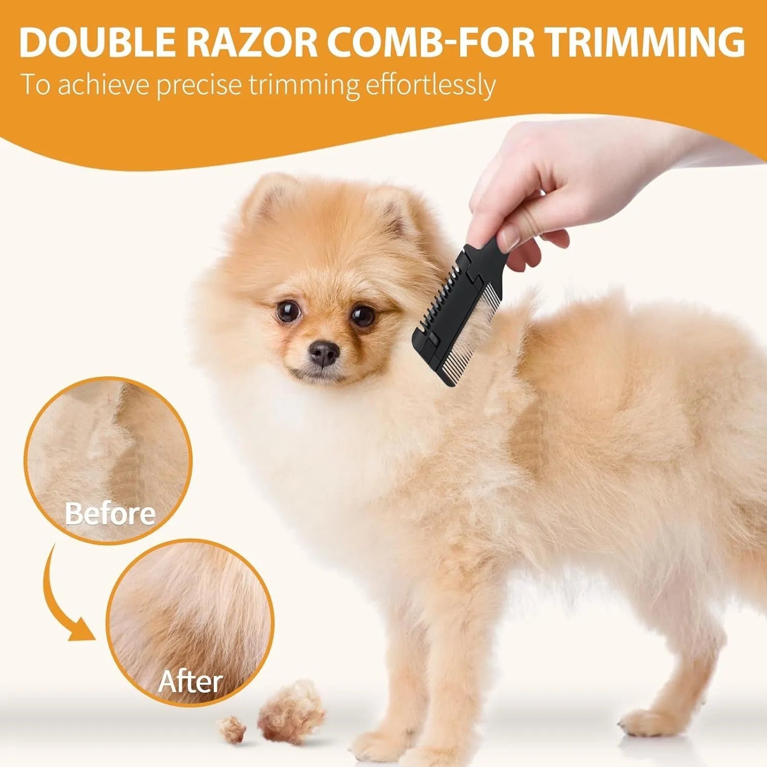 Silver 2-in-1 dog and cat razor comb with comb teeth and trimming blade, shown with spare blades.