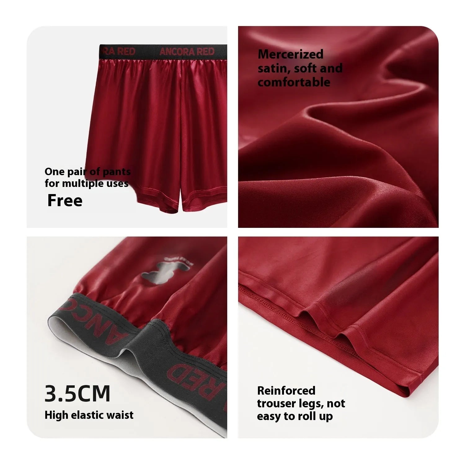 Men's solid colour boxer briefs in black, blue, red, silver, purple and brown showing mid-waist design