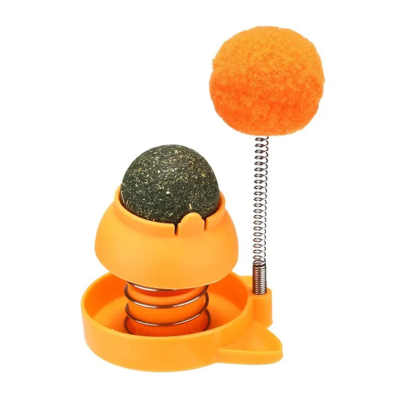 Lucky cat design cat toy with rotating mint ball in blue, orange, and pink colours