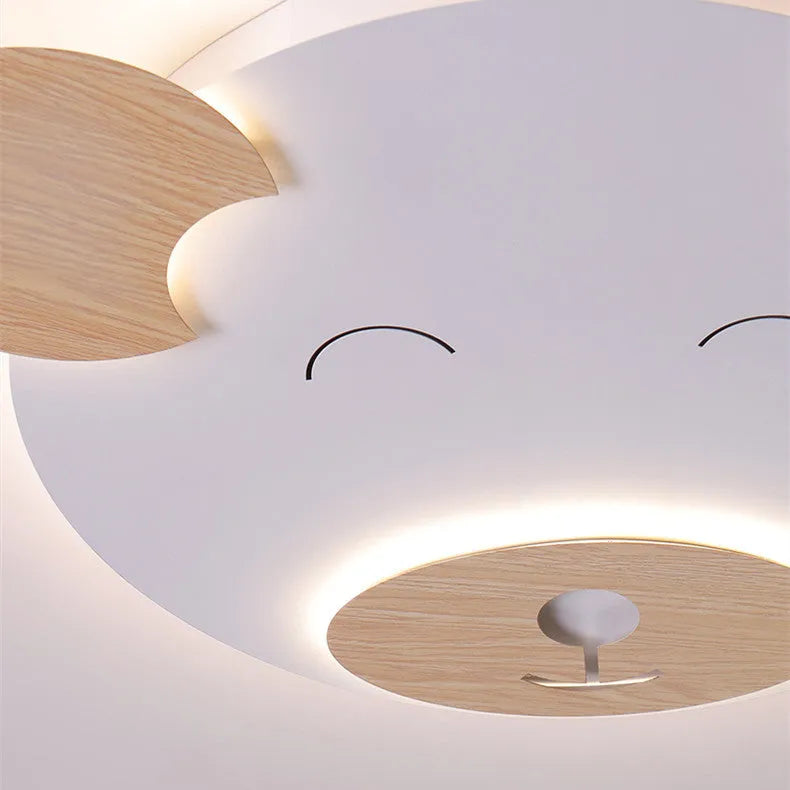 Creative cartoon bear ceiling lamp with PMMA lampshade, wrought iron mount, and wood grain finish, large size 54x46x4cm