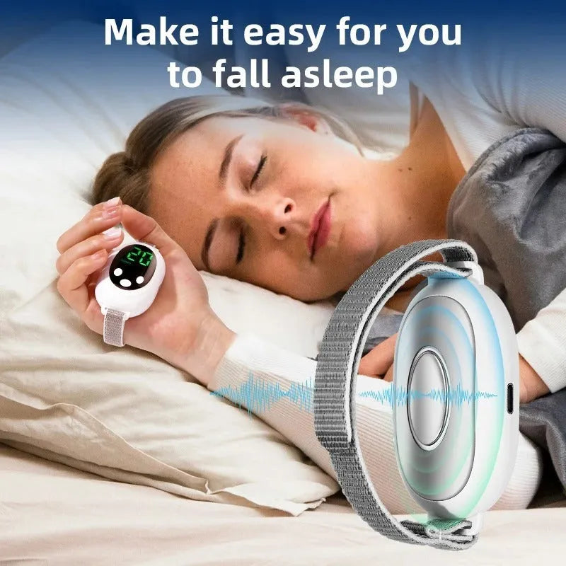 White sleep aid device with handheld remote control showing intensity adjustment buttons and USB charging port