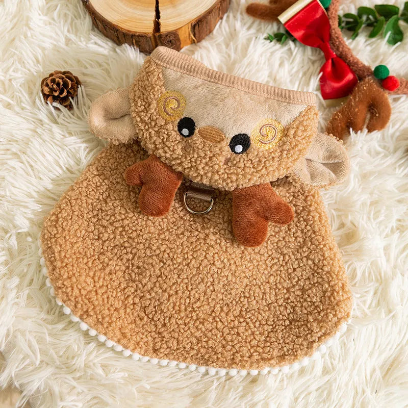 Cat wearing warm thickened elk cloak in polyester with drawable closure, available in brown or green elk pattern