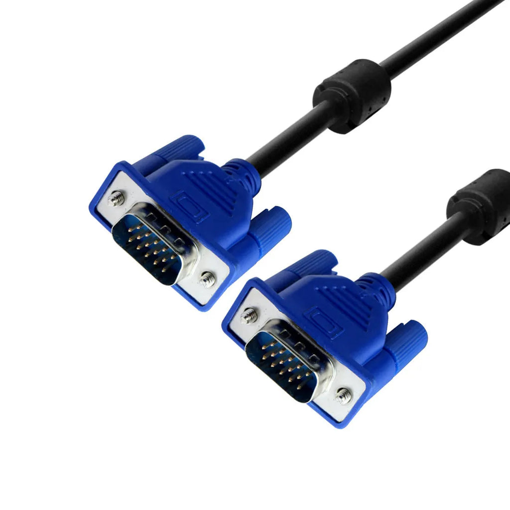 Black 1.5 metre VGA cable with nickel-plated hollow-core terminal and blue moulded head