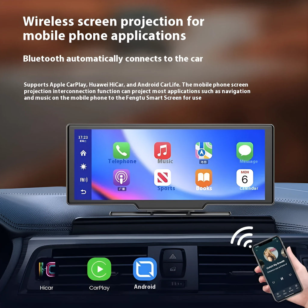 10-inch car smart screen with Carplay, driving recorder and navigation system on dashboard