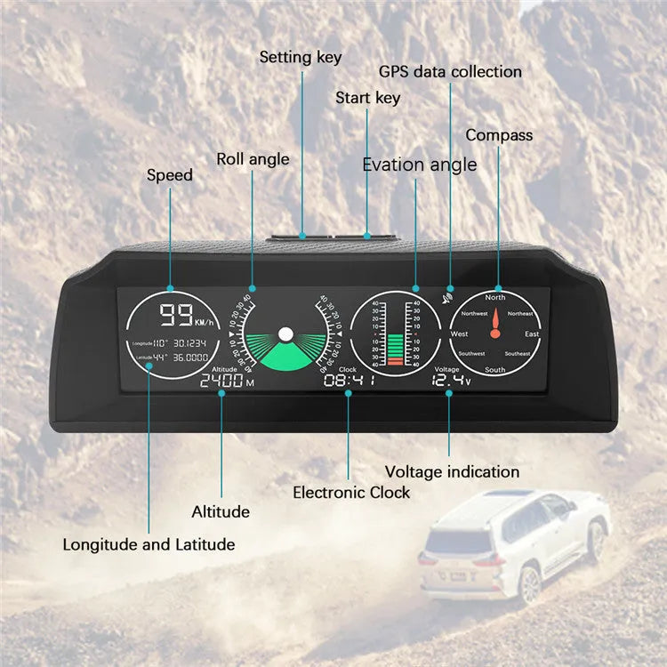 GPS GO 2 universal car HUD monitor in black showing speed altitude and compass on colour LCD display