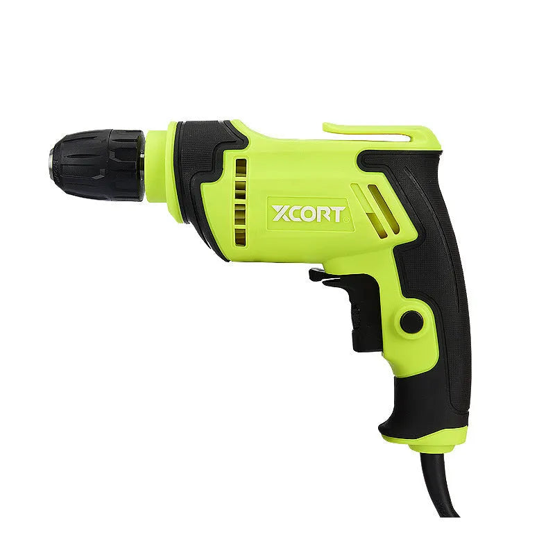 A black pistol-grip style AC electric drill with a 10mm chuck, shown on a workbench.