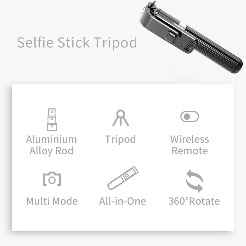 Tripod selfie stick for iPhone, black colour, extended to 700mm height on a table