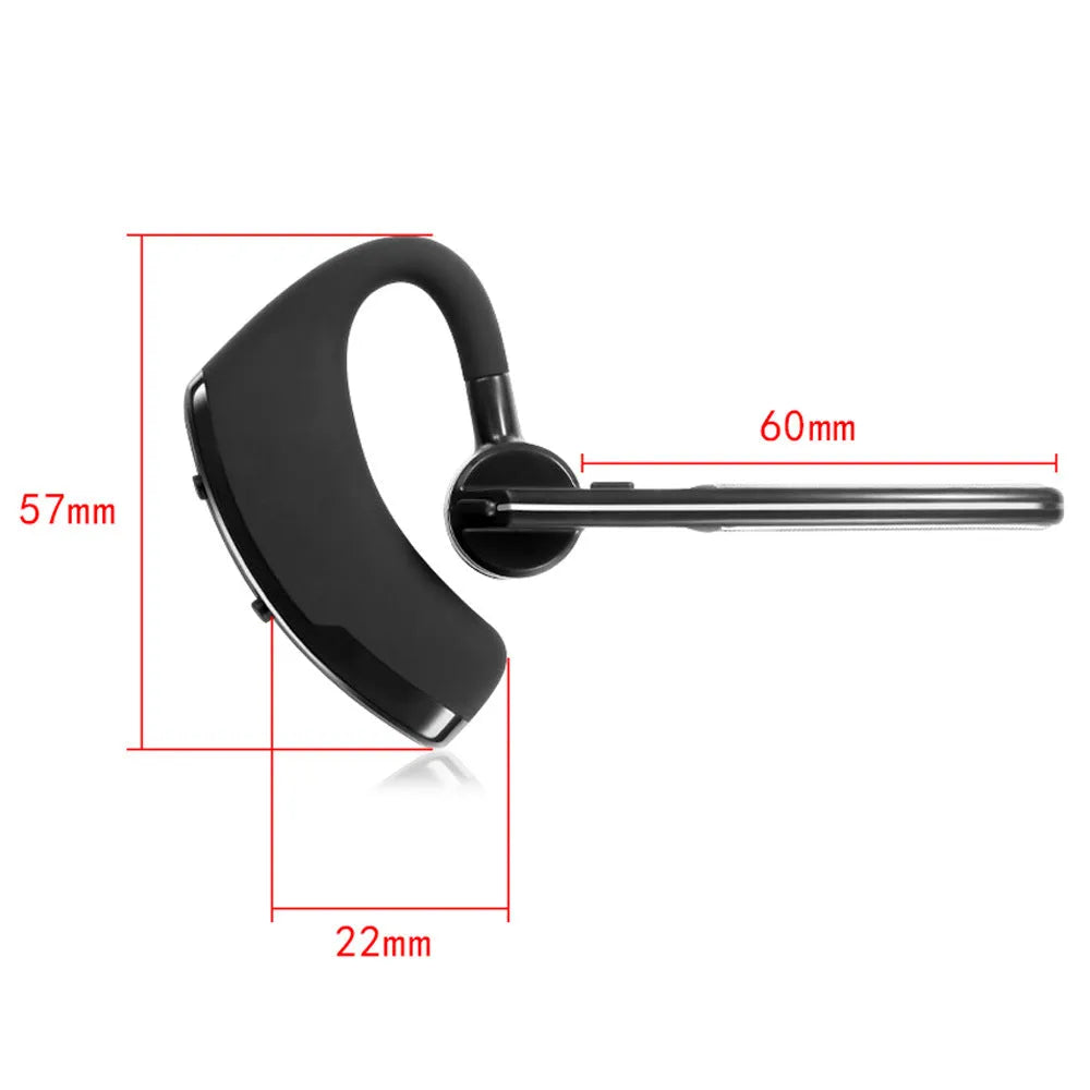V9 Business Bluetooth headset with ear-bud showing dual phone connectivity and noise cancellation features