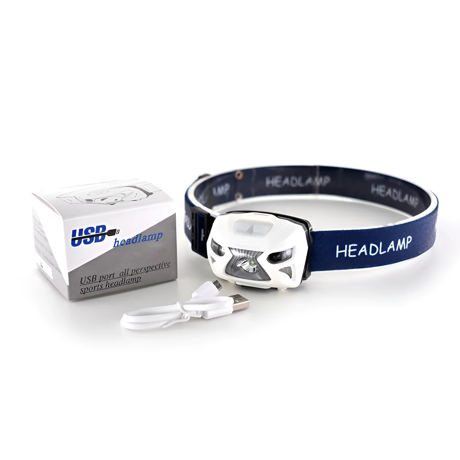 Head-mounted sensor headlight with webbing headband, LED light, and 50-metre beam distance