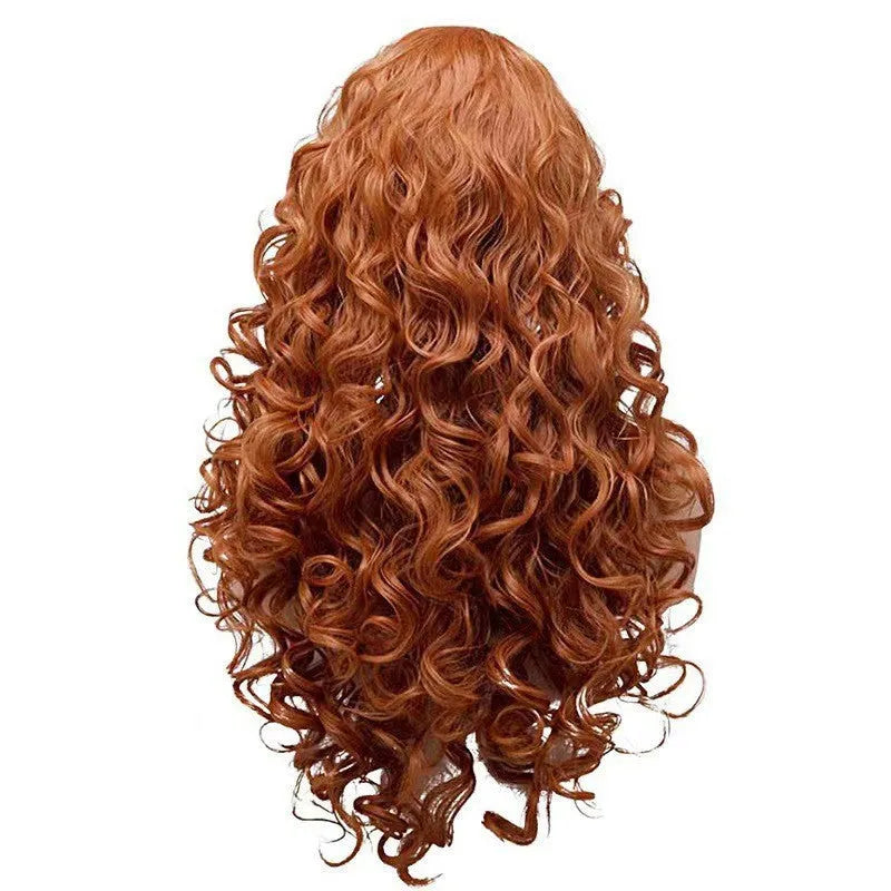 Brown long curly synthetic wig with wavy texture and heat-resistant fibres