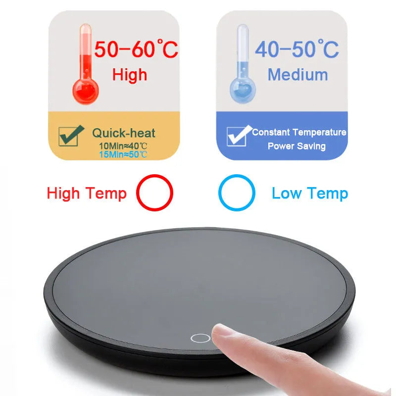 Black cup warmer with tempered glass surface and adjustable temperature control