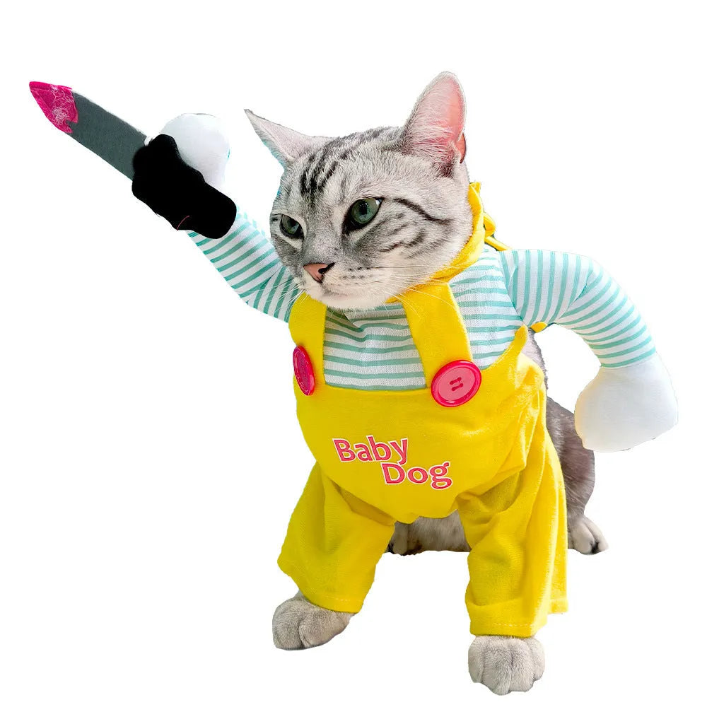Yellow sword design cat costume clothing in polyester fabric for pet dressing