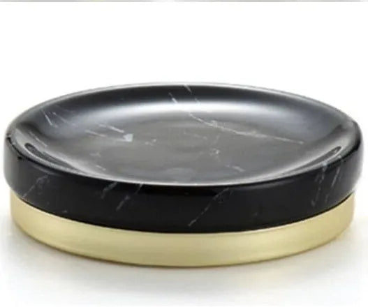 Ceramic bathroom set with emulsion bottle, cup, toothbrush holder, and soap dish in Phnom Penh Ink and Black bright glaze finish