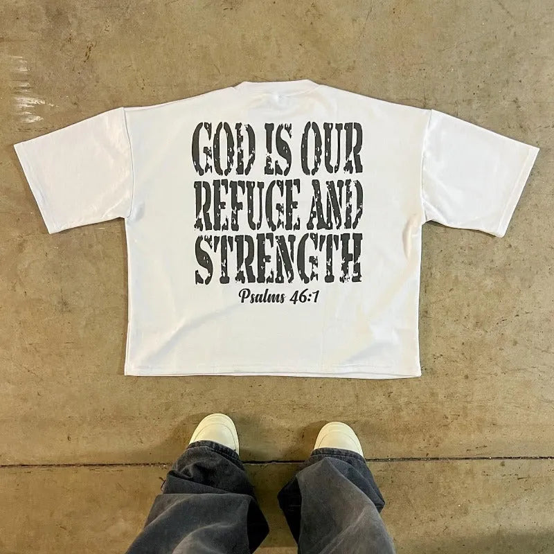 Printed retro style cotton short sleeve t-shirt with drop-shoulder sleeves on a solid background.