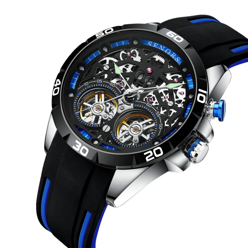 Red and blue automatic mechanical luminous hollow men's watch with 14mm thickness and business style design