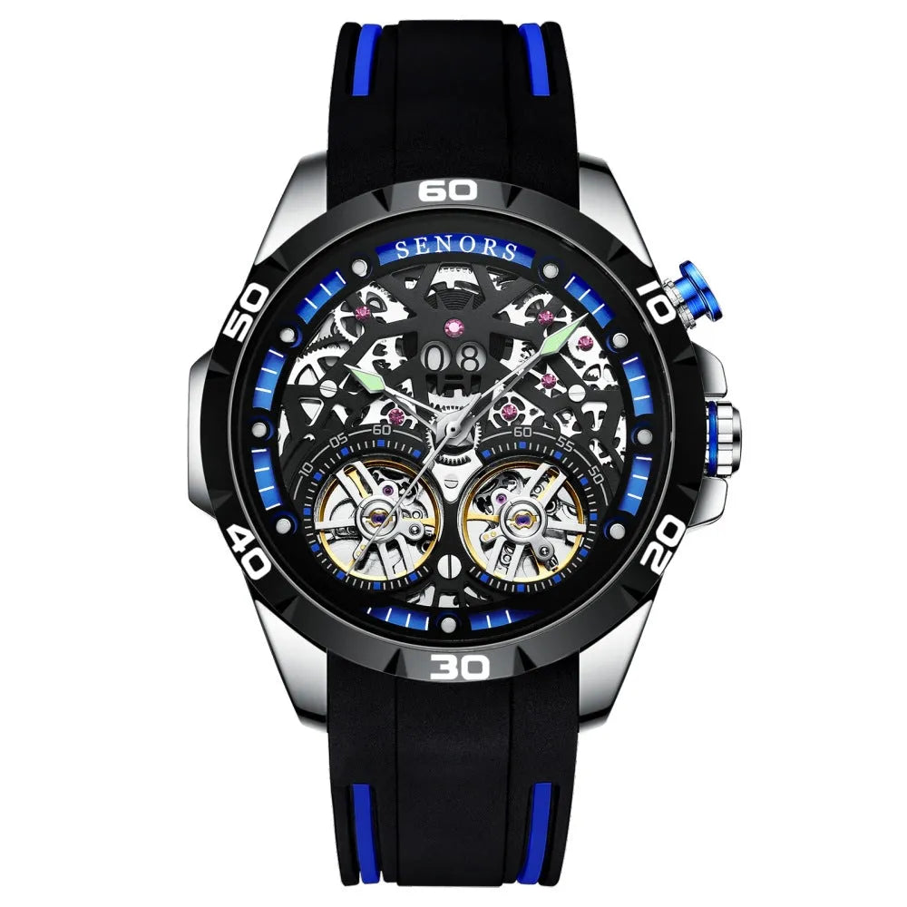Red and blue automatic mechanical luminous hollow men's watch with 14mm thickness and business style design