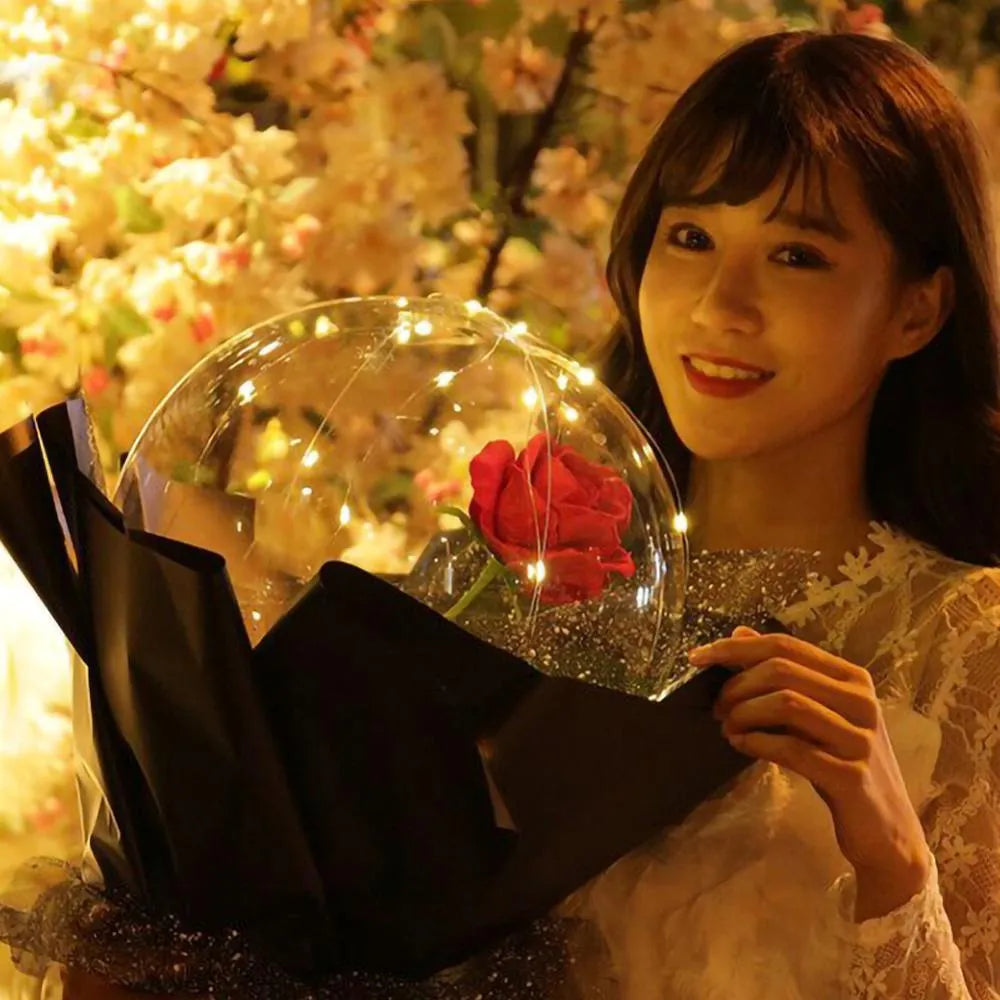 LED luminous balloon rose bouquet transparent boboballoon with artificial flower and LED light, displayed in clear balloon, multiple colour options available