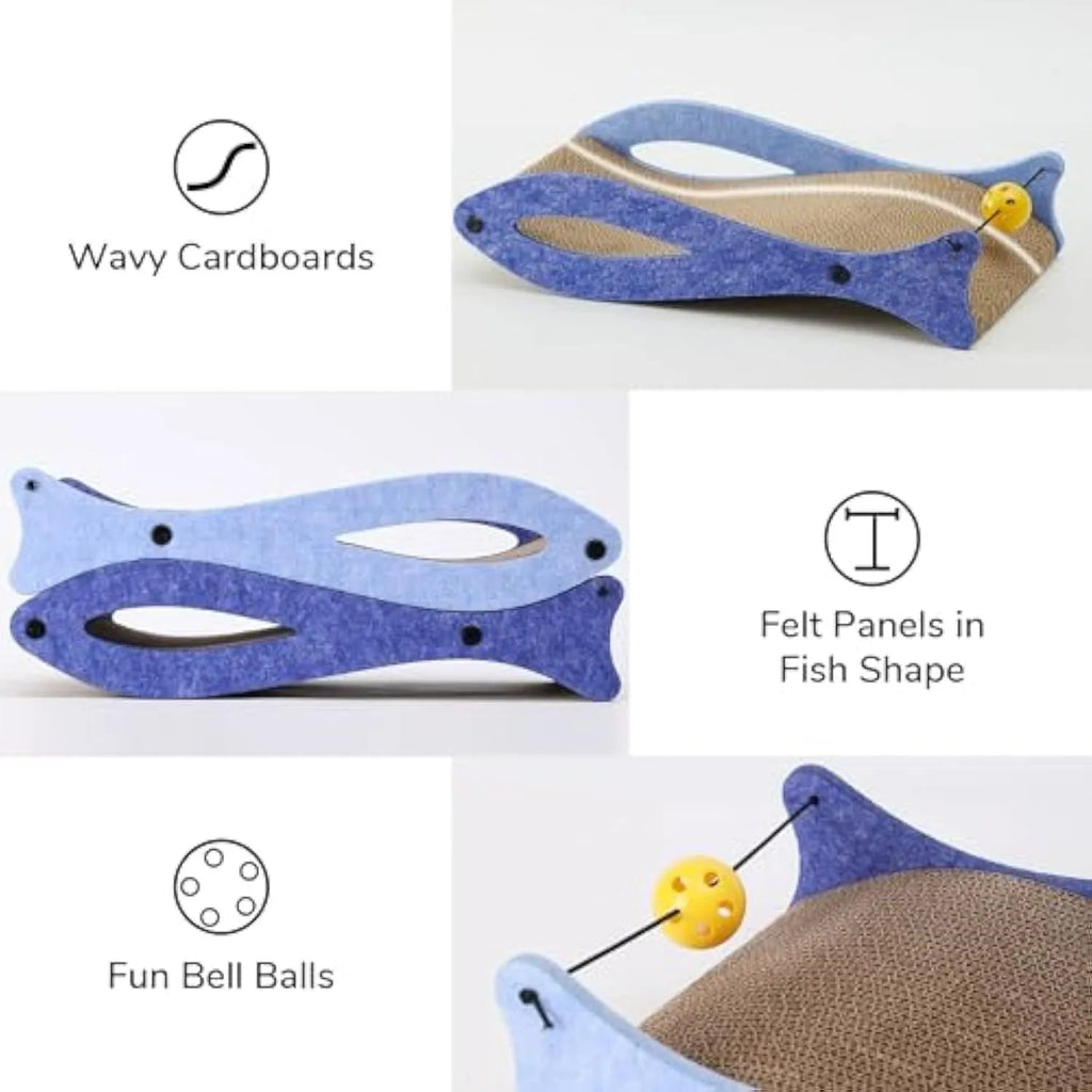 Blue fish-shaped cardboard cat scratcher lounge with integrated bell ball toy.
