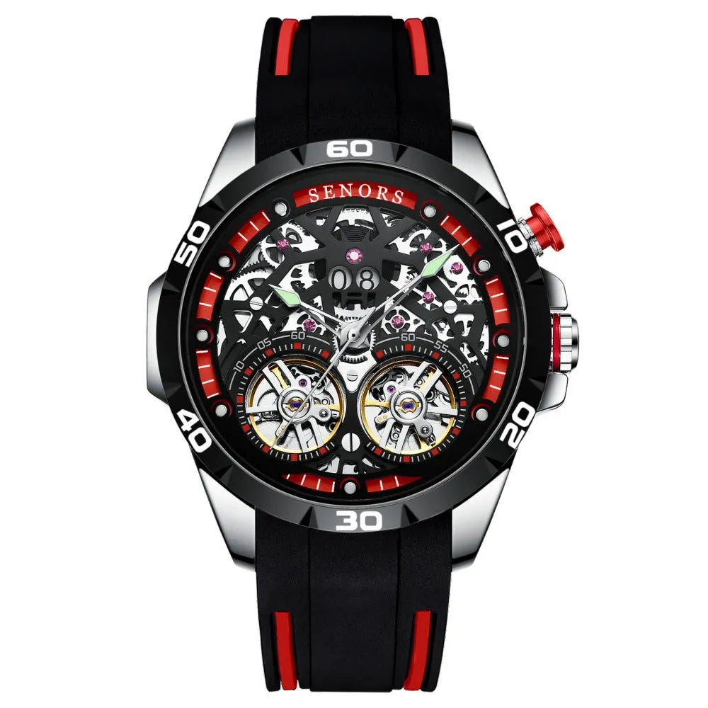 Red and blue automatic mechanical luminous hollow men's watch with 14mm thickness and business style design