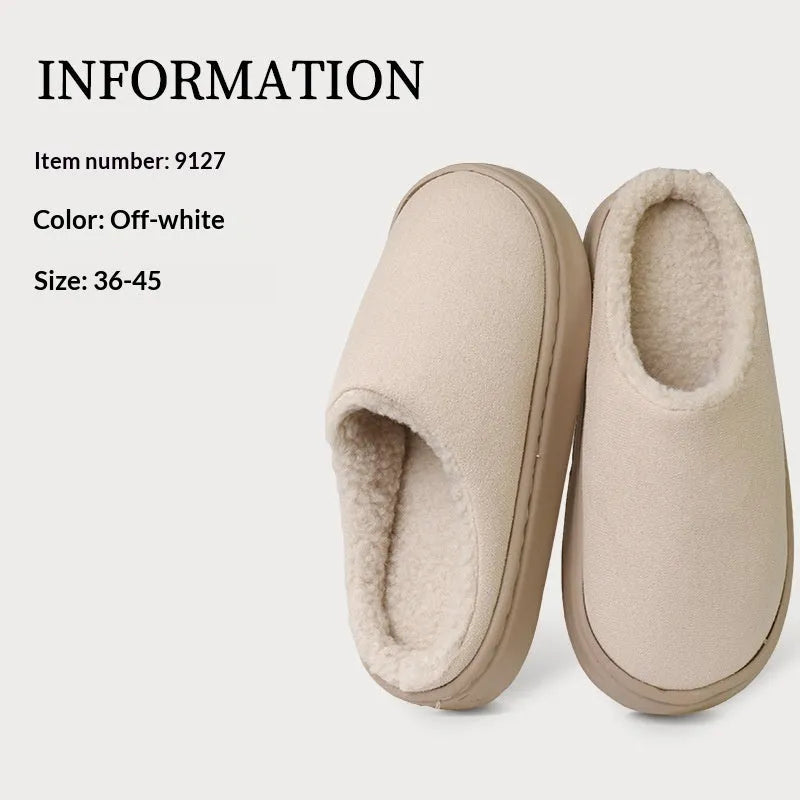 Indoor anti-slip plush slippers with rubber sole and satin upper in beige colour, round toe design, available in multiple sizes.