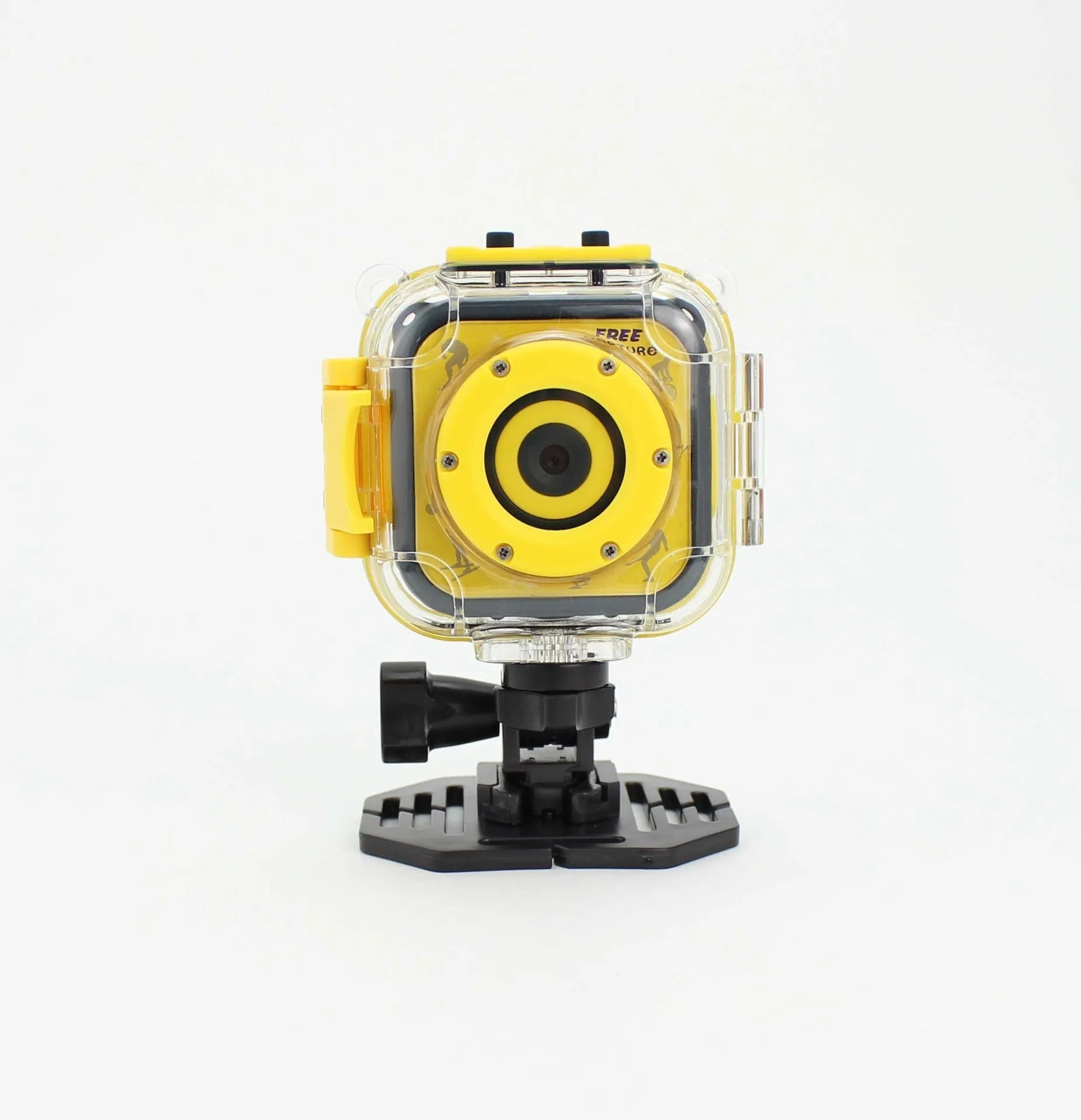 Yellow children's waterproof sports camera with LCD screen and compact design