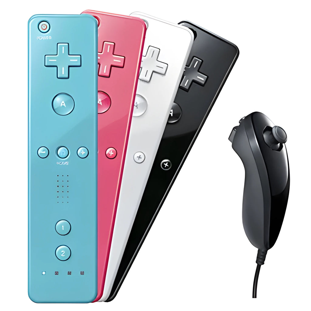 Wii left and right wireless gamepad controller set with rubber sleeve on right-hand unit, shown in multiple colour options.