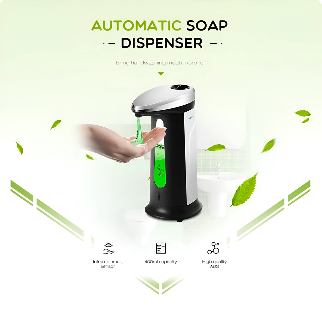 Automatic touchless soap dispenser with black plastic body and sensor nozzle on a countertop
