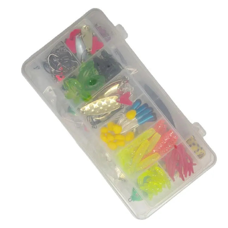 142-piece fishing lure suit showing hard minnow lures with sequins, fishing pliers, metal and plastic lures, and assorted fishhooks