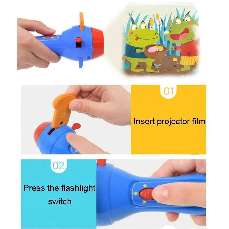 SmartKids children's story projector torch with four fairy tale discs projecting images on wall