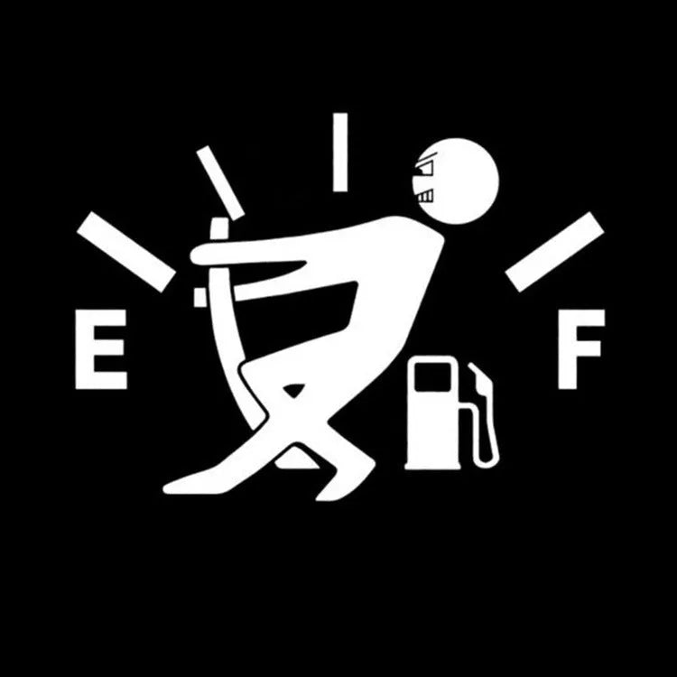 Reflective insufficient fuel car sticker 12.7cm x 9cm in black on a car dashboard
