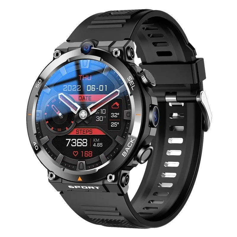 Multi functional sports smartwatch with dual cameras, touch screen, and NFC on wrist