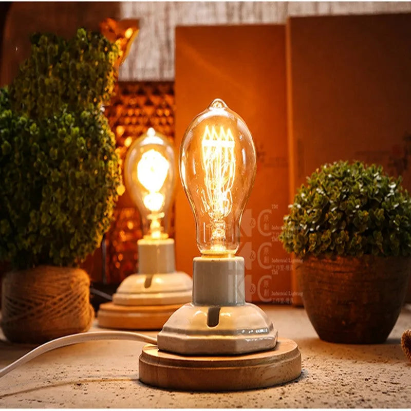 Retro ceramic table lamp with wooden body and glass shade, push button switch, for living room or bedroom