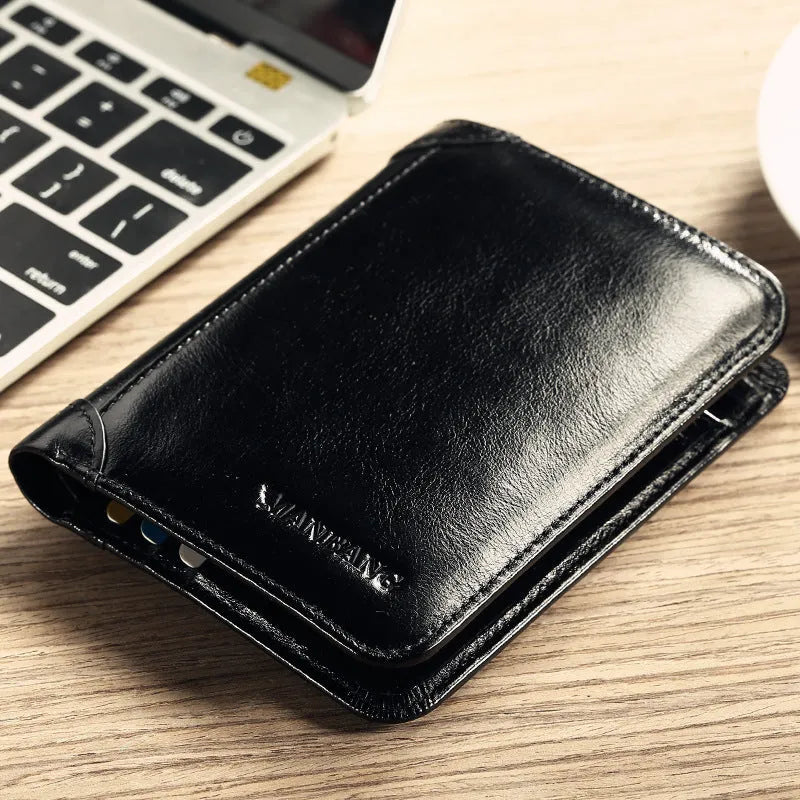 Men's black leather wallet open to show internal compartments for banknotes, cards, coins, and a concealed dark space.