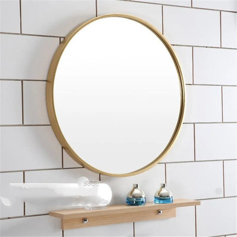 Round iron bathroom wall mirror in black finish, 30cm or 60cm diameter, hanging on a tiled wall for dressing and makeup use