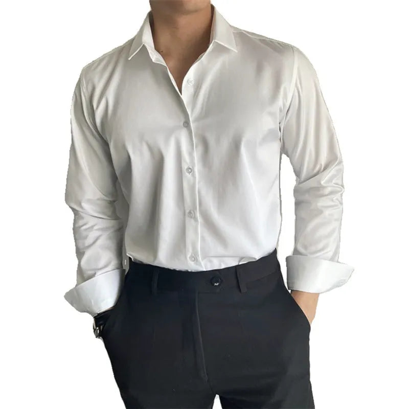 Men's solid colour Korean slim fit cardigan shirt in white, black, and dark gray, available in sizes S-5XL