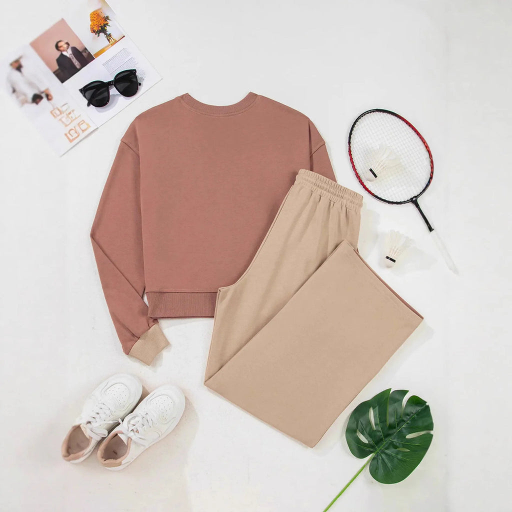 Women's European style camel cotton casual suit set with long trousers on hanger
