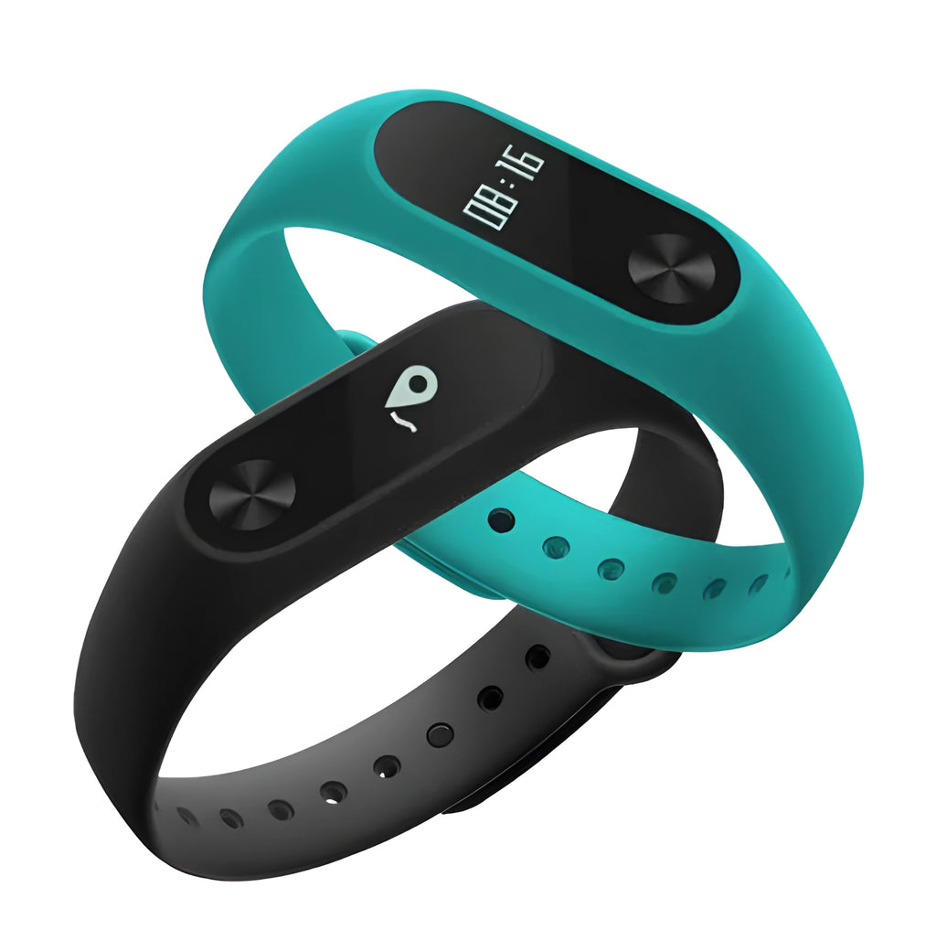 Xiaomi Mi Band 2 black smart fitness tracker with OLED touchscreen display on a wrist.