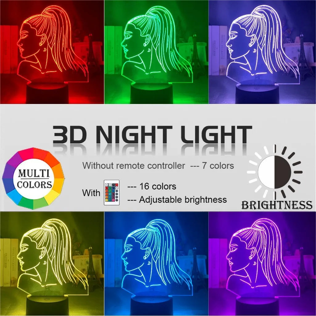 Slim European style acrylic 3D LED night light on a colourful black base, showing remote control.