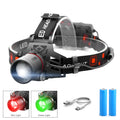 T6 LED headlamp showing white, red and green lighting modes with zoom function and rechargeable 18650 batteries