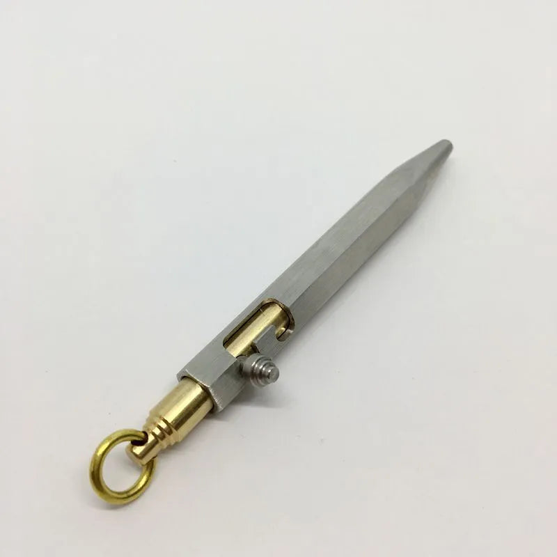 Six-sided stainless steel brass pen keychain with push button and metal shell in colour as shown