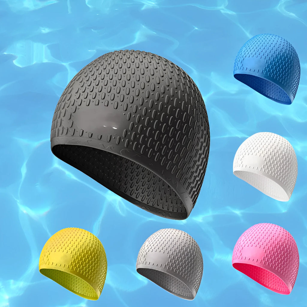 Silicone swimming cap with water drop pattern in various solid colours for adult swimming