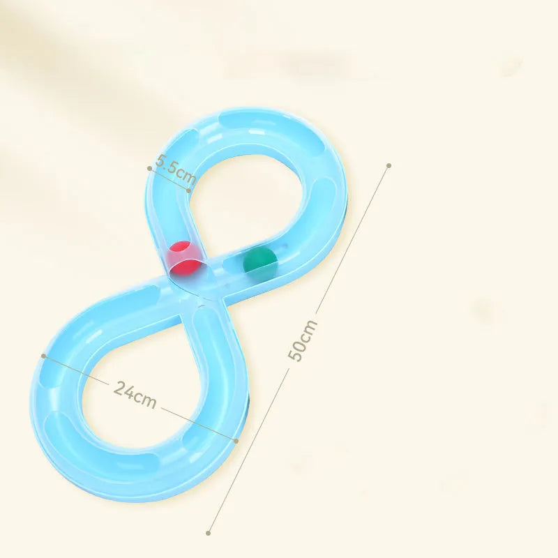 Blue and white cat turntable track ball toy with teasing stick on a flat surface.
