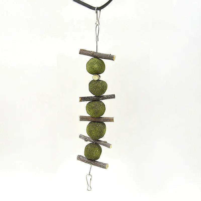 Natural pet molar supplies set with five grass balls and six apple branches hanging on a cage for small animals like rabbits and guinea pigs