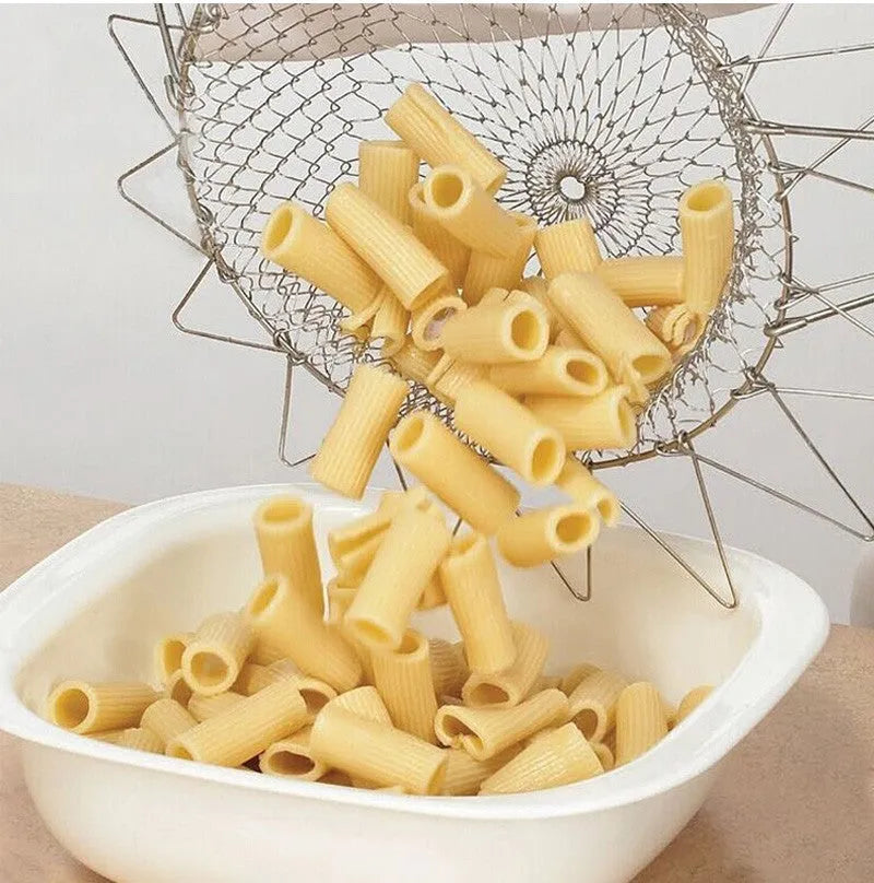 Stainless steel foldable deep fry basket with handle, 23cm size, on a kitchen counter