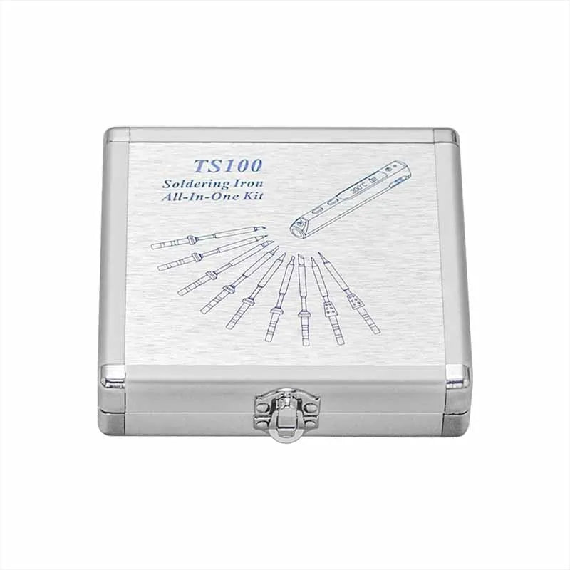 Silver aluminium storage box for TS100 soldering iron, 154x147x36mm, on a flat surface