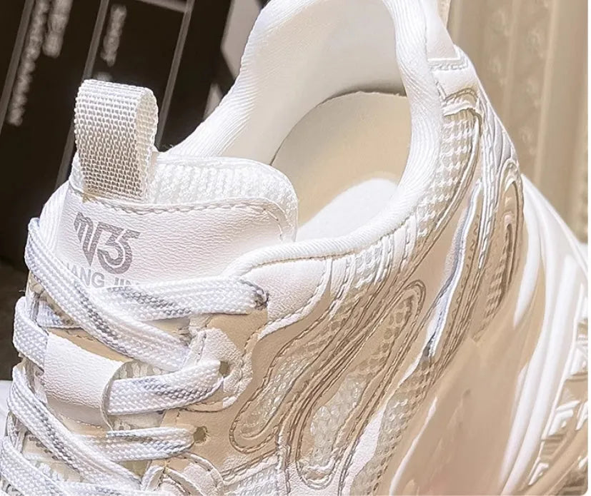 White women's height increasing lace-up dad shoes with 8cm heel and round toe