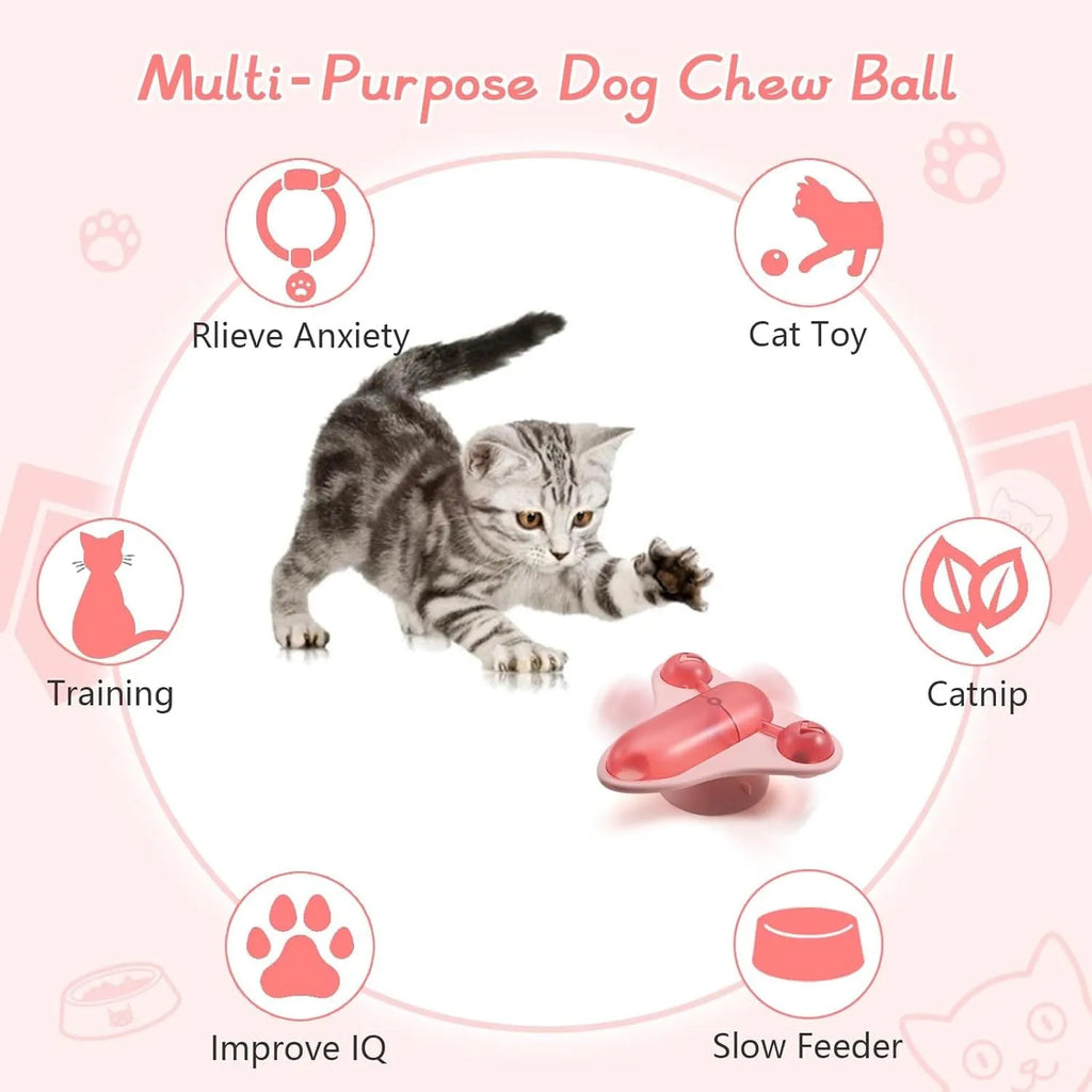 Interactive pet puzzle toy with blue plastic snack cabin, bell, and catnip components