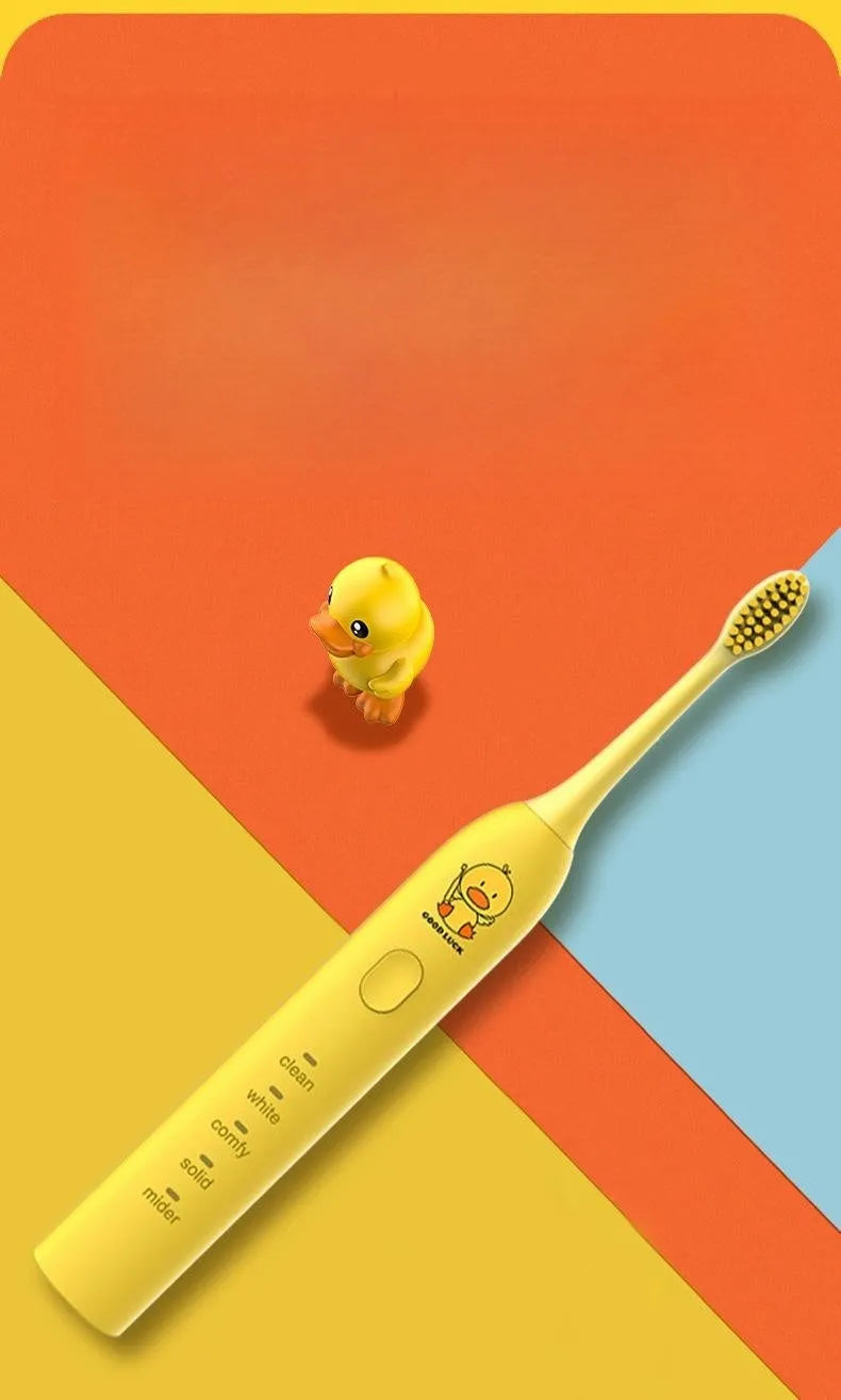 Yellow USB rechargeable electric toothbrush with small duck laser engraving and soft bristle head
