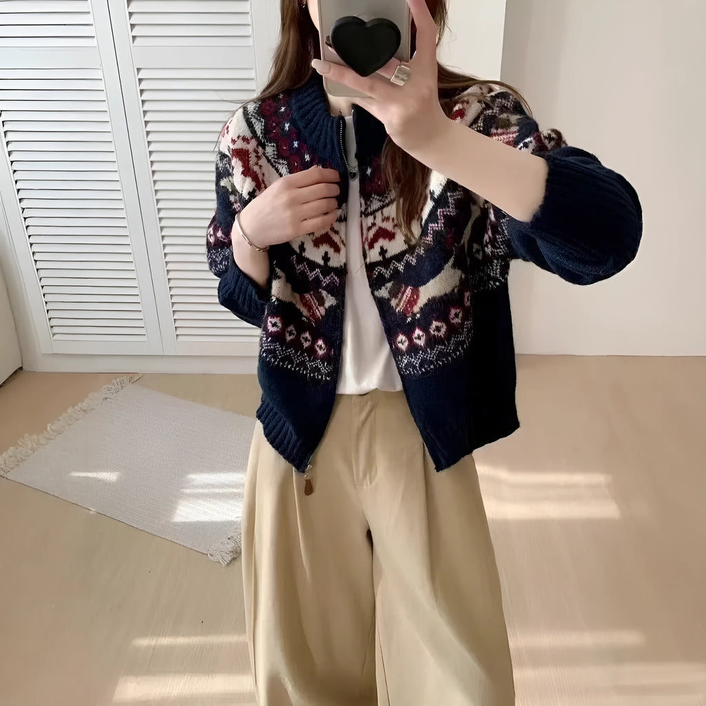Ethnic style heavy industry jacard round neck pullover sweater with 3D effect pattern in apricot or navy blue loose fit