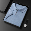 Men's cashmere polo collar elbow-sleeve top in light camel, loose fit pullover style
